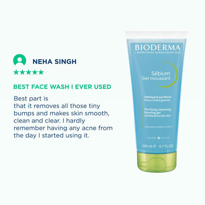 Bioderma Sebium gel moussant with a five-star review by Neha Singh on a white background