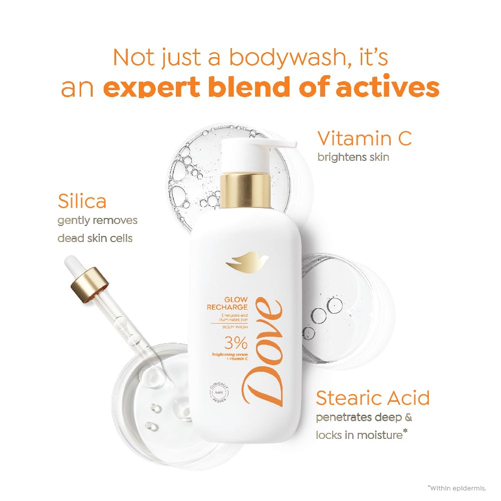 DOVE Glow Recharge Serum Body Wash, 300 ml, for Glowing and Refined Skin, with 3% Brightening Serum and Vitamin C, Dermatologist Co-Created, Sulfate-Free