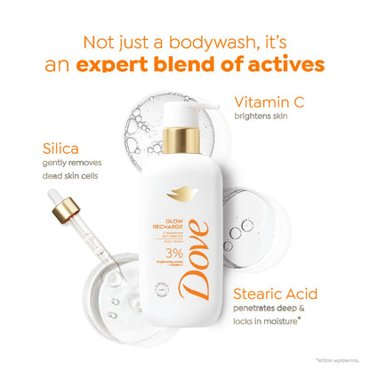 DOVE Glow Recharge Serum Body Wash, 300 ml, for Glowing and Refined Skin, with 3% Brightening Serum and Vitamin C, Dermatologist Co-Created, Sulfate-Free