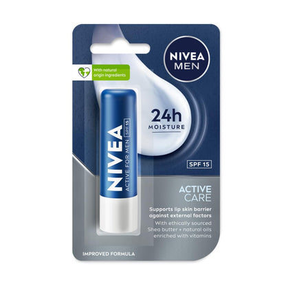 NIVEA MEN Active Care 4.8g Lip Balm|24 H Melt in Moisture Formula|Natural Oils|Nourished Lips,4.8 g (Pack of 1)