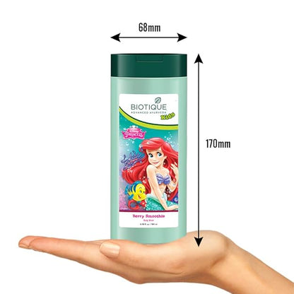 Biotique shampoo bottle with Ariel character on a white background