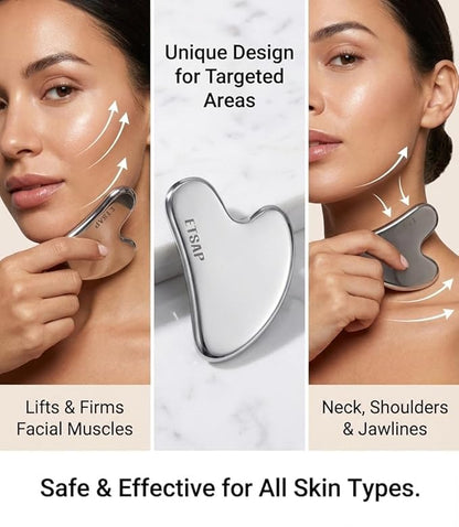 Premium Stainless Steel Gua Sha,Metal Gua Sha Facial Tool. Firm Face Muscles, Reduce Puffiness, Facial Tension, Helps Lymphatic Drainage. GuaSha Beauty Tool for Body Neck Eyes (Heart Shape) (SS GUA SHA 85 GRM)