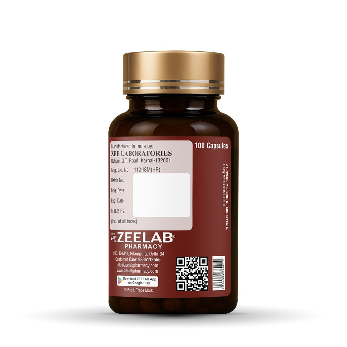 Brown bottle with gold cap labeled 'Zeelab Pharmacy' on a white background