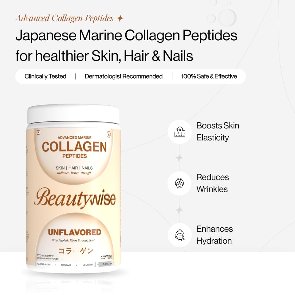 Beautywise Japanese Marine Collagen Peptides packaging on a white background with text highlighting benefits.