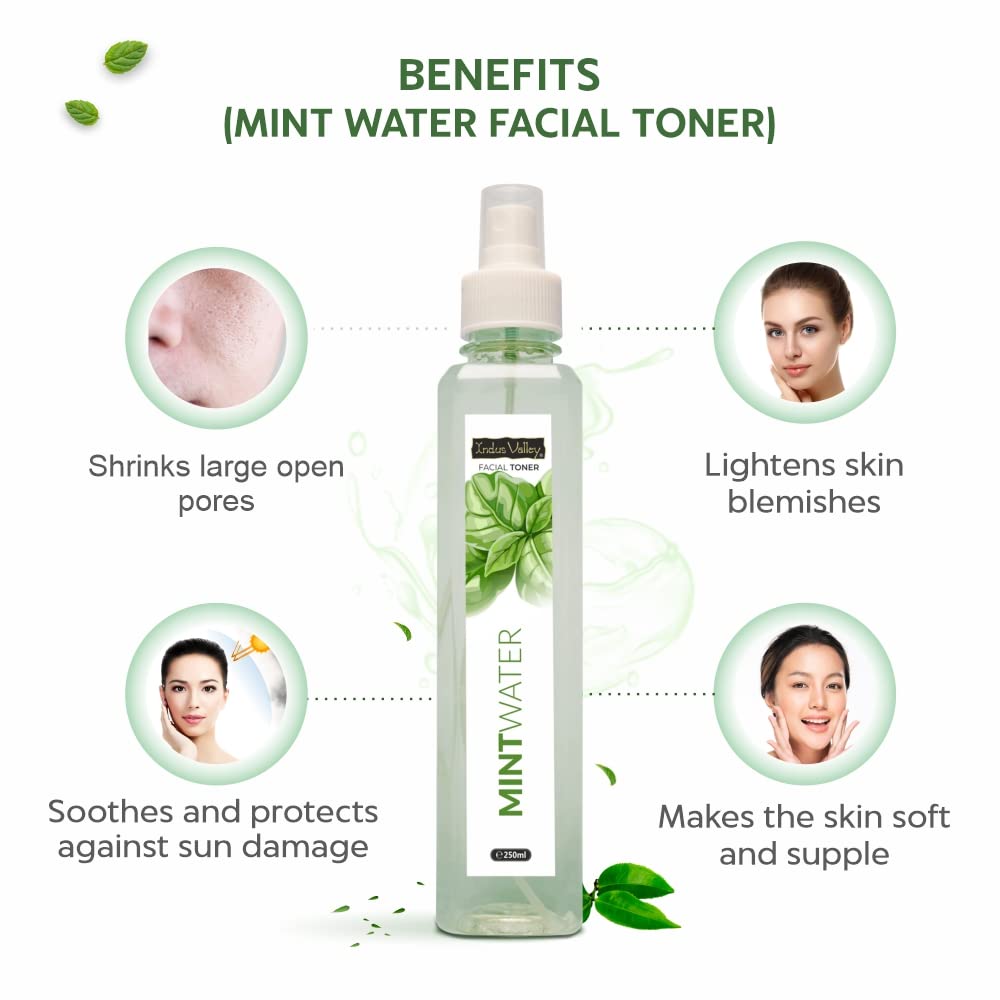 Mint water facial toner bottle with benefits listed on a white background