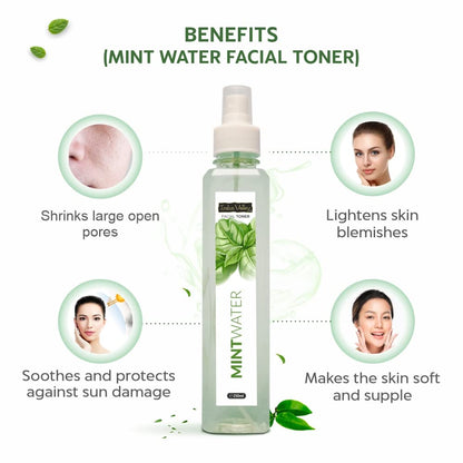 Mint water facial toner bottle with benefits listed on a white background