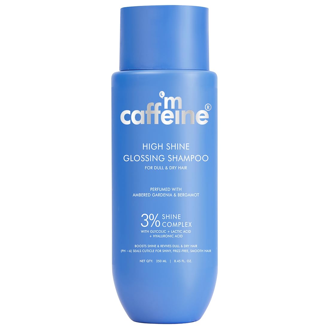 Blue shampoo bottle with 'caffine' branding on a white background
