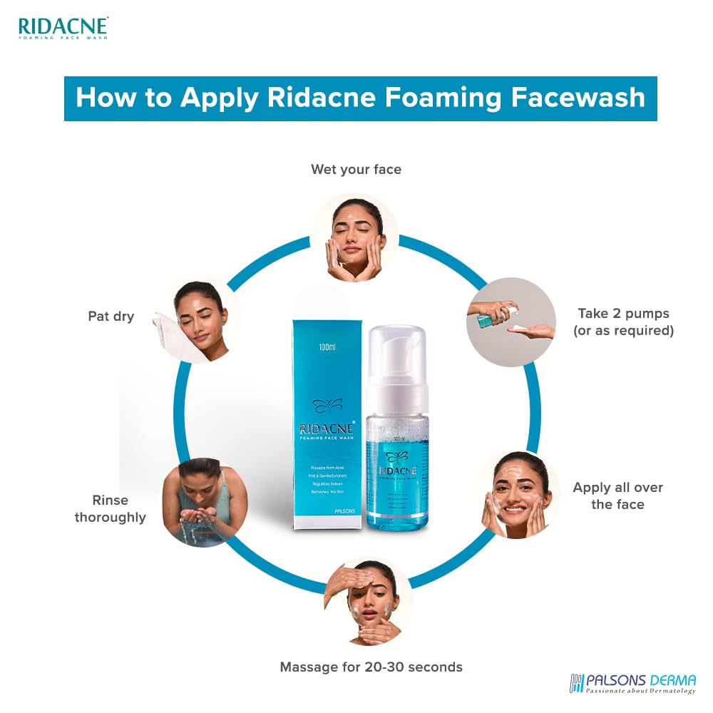 RIDACNE FOAMING FACE WASH -For Mild & Moderate Acne|80% Sebum Regulation|Refreshed Skin|Daily Use|Mild & Gentle Face Wash | Dermatologist Recommended | 100 ML