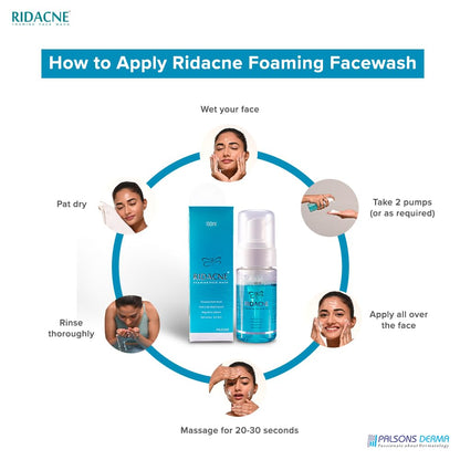 RIDACNE FOAMING FACE WASH -For Mild & Moderate Acne|80% Sebum Regulation|Refreshed Skin|Daily Use|Mild & Gentle Face Wash | Dermatologist Recommended | 100 ML