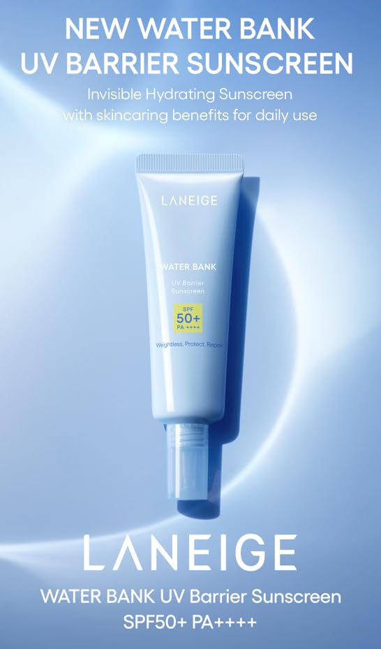 Laneige Water Bank UV Barrier Sunscreen on a blue background