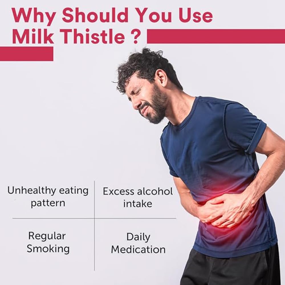 Man with stomach pain and text about milk thistle benefits on a light gray background