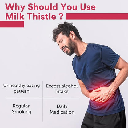 Man with stomach pain and text about milk thistle benefits on a light gray background