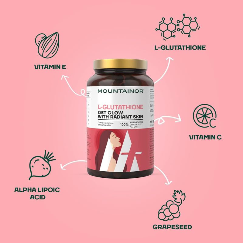 Mountainor L-Glutathione supplement bottle with vitamins and acids on a pink background