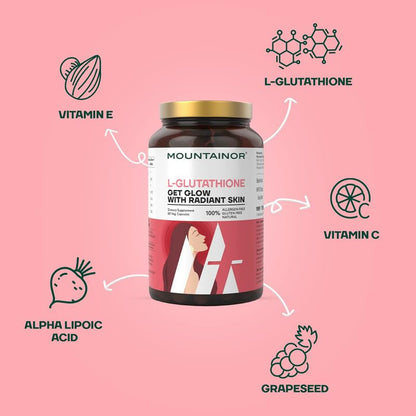 Mountainor L-Glutathione supplement bottle with vitamins and acids on a pink background