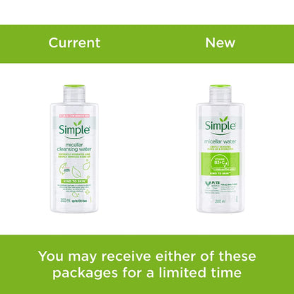 Two bottles of Simple micellar water with a green banner above them.