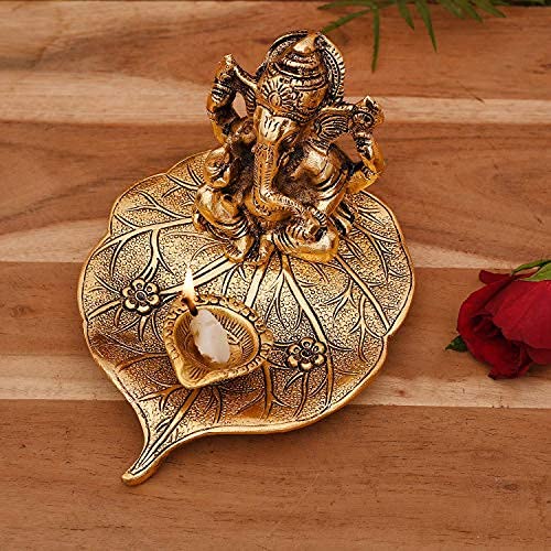 Gold Plated Leaf Ganesh Idol (Murti) Oxidized Finish with Beautiful Red Velvet Box Packing and with Carry Bag (10H x 13W x 16L Centimeters)