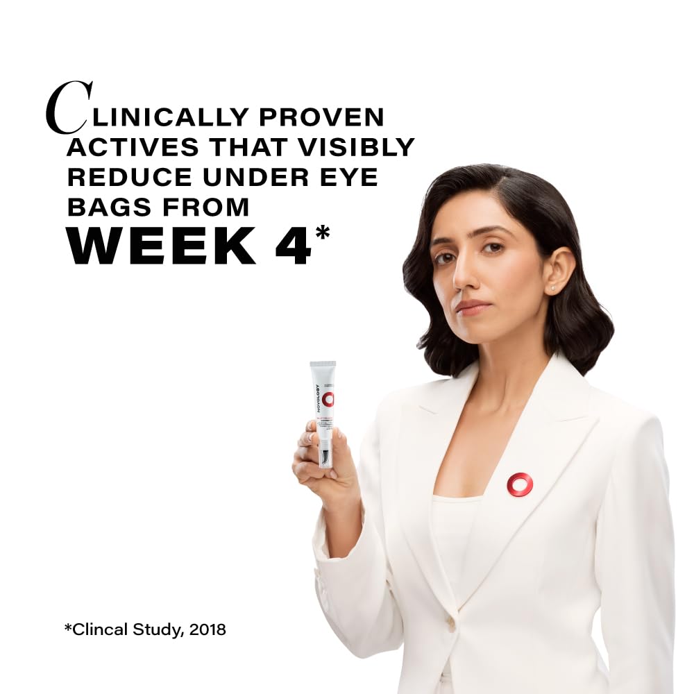 Woman holding a skincare product with text about reducing under-eye bags on a white background
