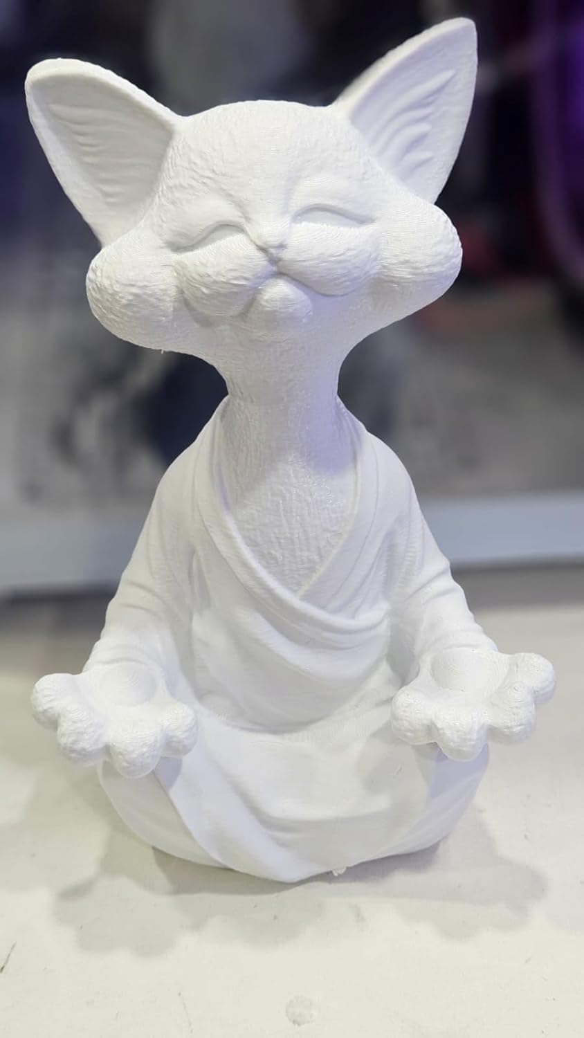 Meditation Cat Statue White | 3D Printed Yoga Cat Figurine | Sitting Cat Sculpture with Serene Expression | Aesthetic Home Décor Showpiece & Gift Item