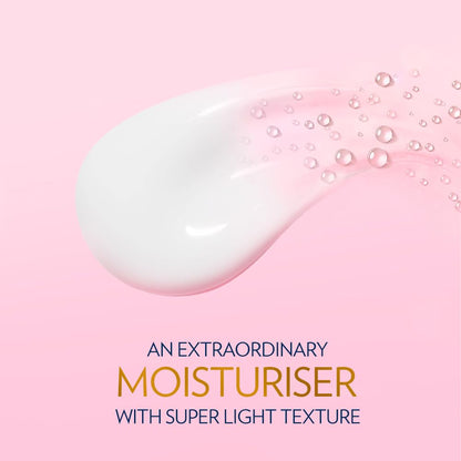 White moisturizer droplet with bubbles on a pink background, labeled as an extraordinary moisturizer with super light texture.