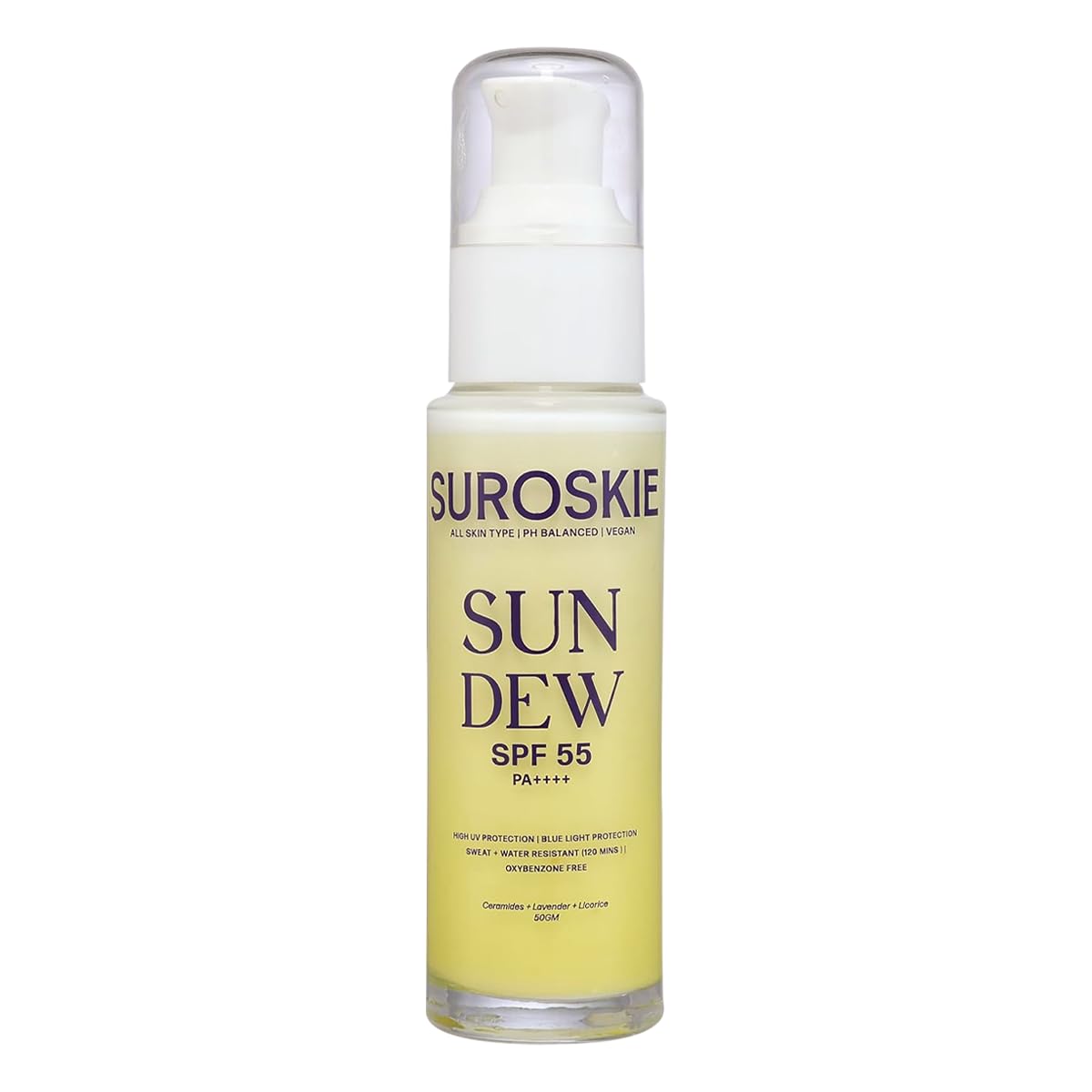 Surosokie Sun Dew SPF 55 bottle on a white background