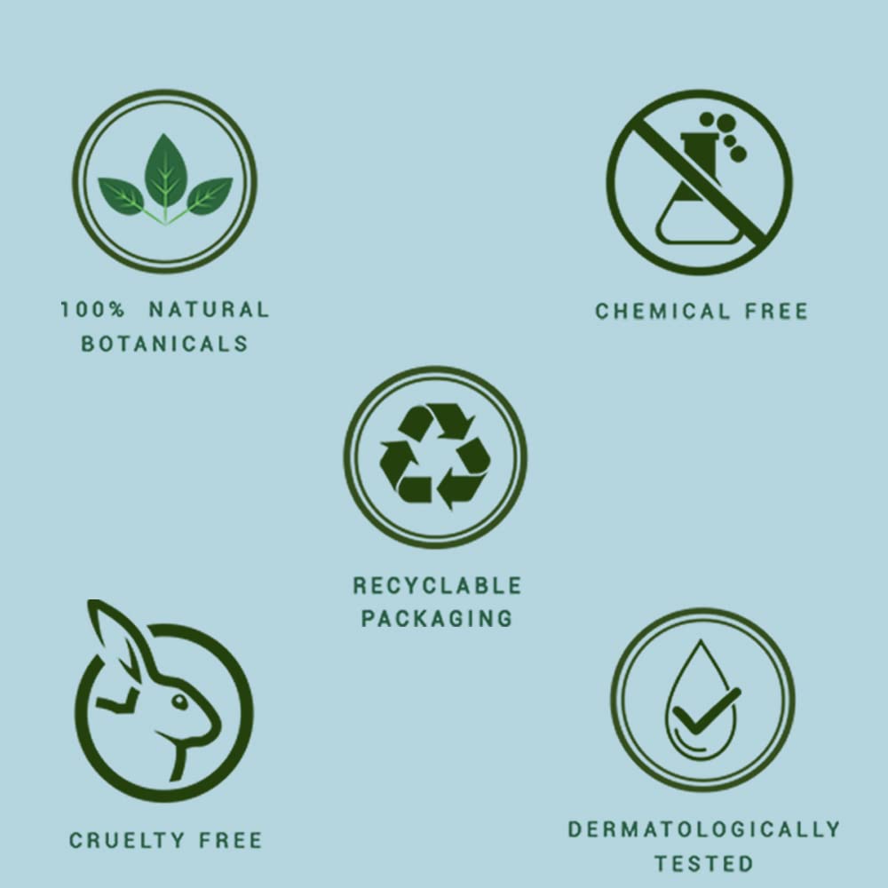 Set of green icons representing natural, chemical-free, recyclable packaging, cruelty-free, and dermatologically tested products on a light blue background.