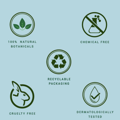 Set of green icons representing natural, chemical-free, recyclable packaging, cruelty-free, and dermatologically tested products on a light blue background.