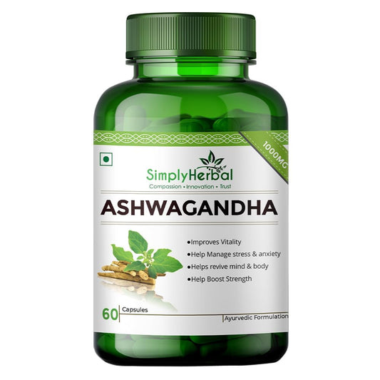 Simply Herbal 1000mg Ashwagandha Capsules for General Wellness, Improves Vitality, Manage Stress & Anxiety, Boost Energy & Strength, Rejuvenates Mind & Body - 60 Veg Capsules
