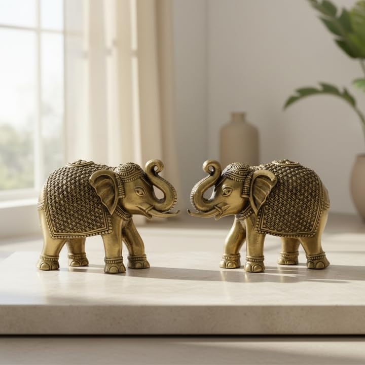 Set of 2 Brass Elephant Statue Decorative Showpiece Gift for Diwali Housewarming Birthday | Elephant showpiece for Home Decor