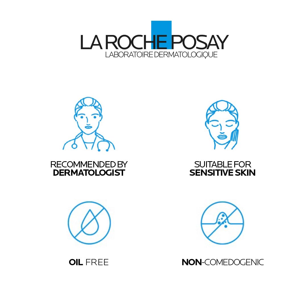 La Roche-Posay branding with icons indicating dermatologist recommendation, suitability for sensitive skin, oil-free, and non-comedogenic properties on a white background.