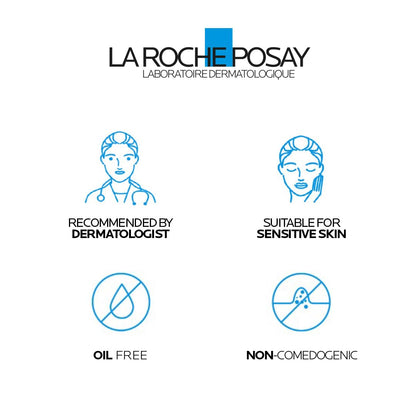 La Roche-Posay branding with icons indicating dermatologist recommendation, suitability for sensitive skin, oil-free, and non-comedogenic properties on a white background.
