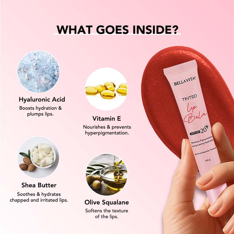Bellavita lip balm with ingredients listed on a pink background