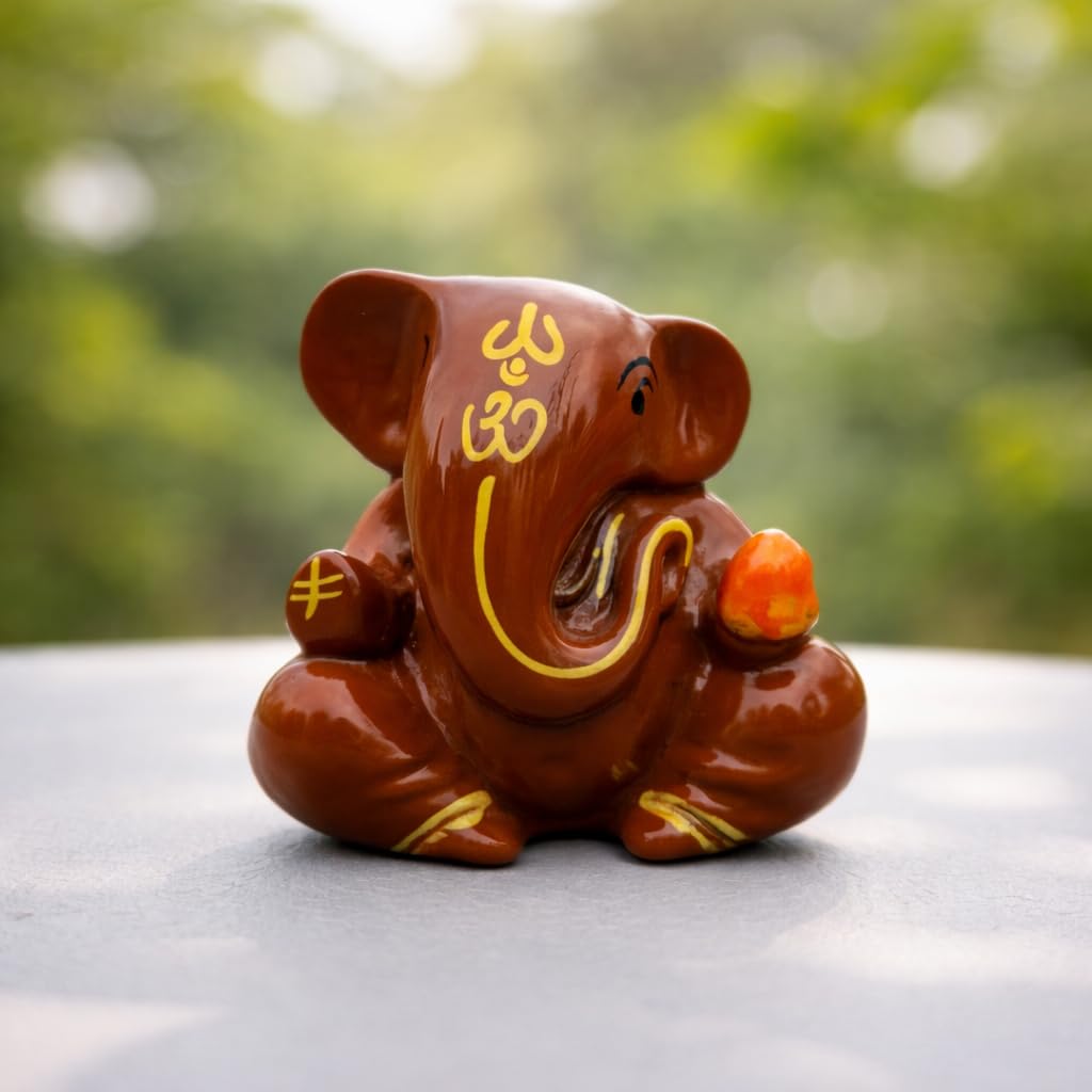 Resin Lord Ganesha Idol for Car Dashboard 5x5cm (Brown)