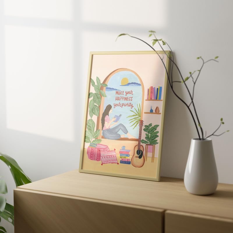 Make Your Happiness Your Priority Wall Painting| Modern Art Painting For Living Room Bed Room And Office | 11 X 14 Inches (Natural Frame)