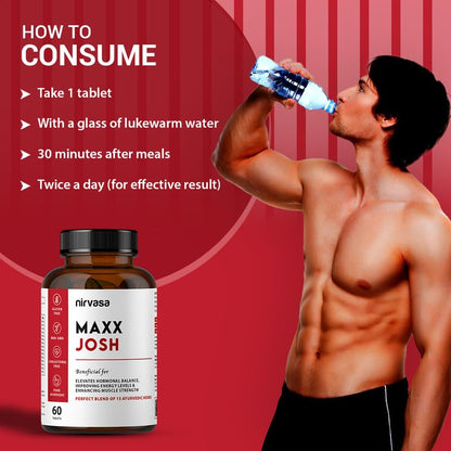 Nirvasa Maxx Josh Testosterone Supplement (500mg, 60 Tabs) | Boosts Testosterone, Muscle Strength & Energy | Enhances Performance, Stamina & Vitality | Ashwagandha, Gokshura & Safed Musli