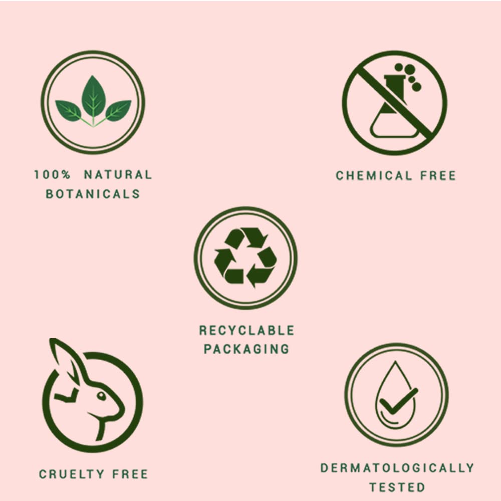 Set of green icons on a pink background with text indicating product attributes.