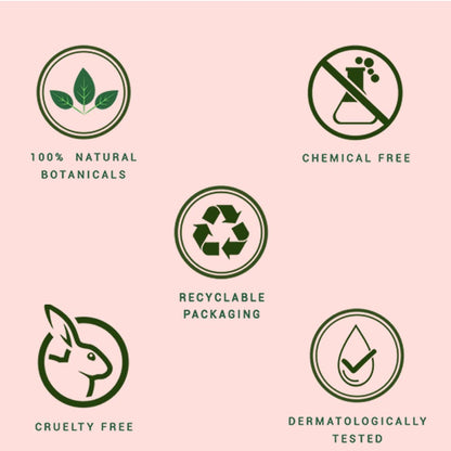 Set of green icons on a pink background with text indicating product attributes.