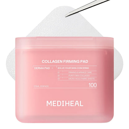 MEDIHEAL Collagen Toner Pads, Skin Firming Korean Facial Pads with 98% Low-Molecular Collagen, Peptides & Retinol, Helps Restore Skin Elasticity, Removes Wrinkles & Fine Lines, Hydrating Daily Toner, Vegan (100 Count, 170ml)
