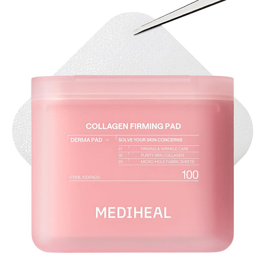MEDIHEAL Collagen Toner Pads, Skin Firming Korean Facial Pads with 98% Low-Molecular Collagen, Peptides & Retinol, Helps Restore Skin Elasticity, Removes Wrinkles & Fine Lines, Hydrating Daily Toner, Vegan (100 Count, 170ml)