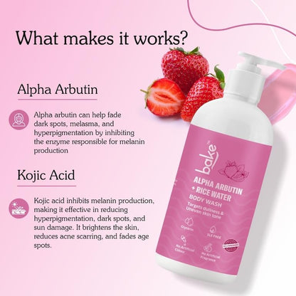 BAKE Alpha Arbutin Body Wash for Dark Spots & Uneven Skin Tone With Rice Water | Brightens Skin & Reduces Pigmentation | For Women & Men | 250ml