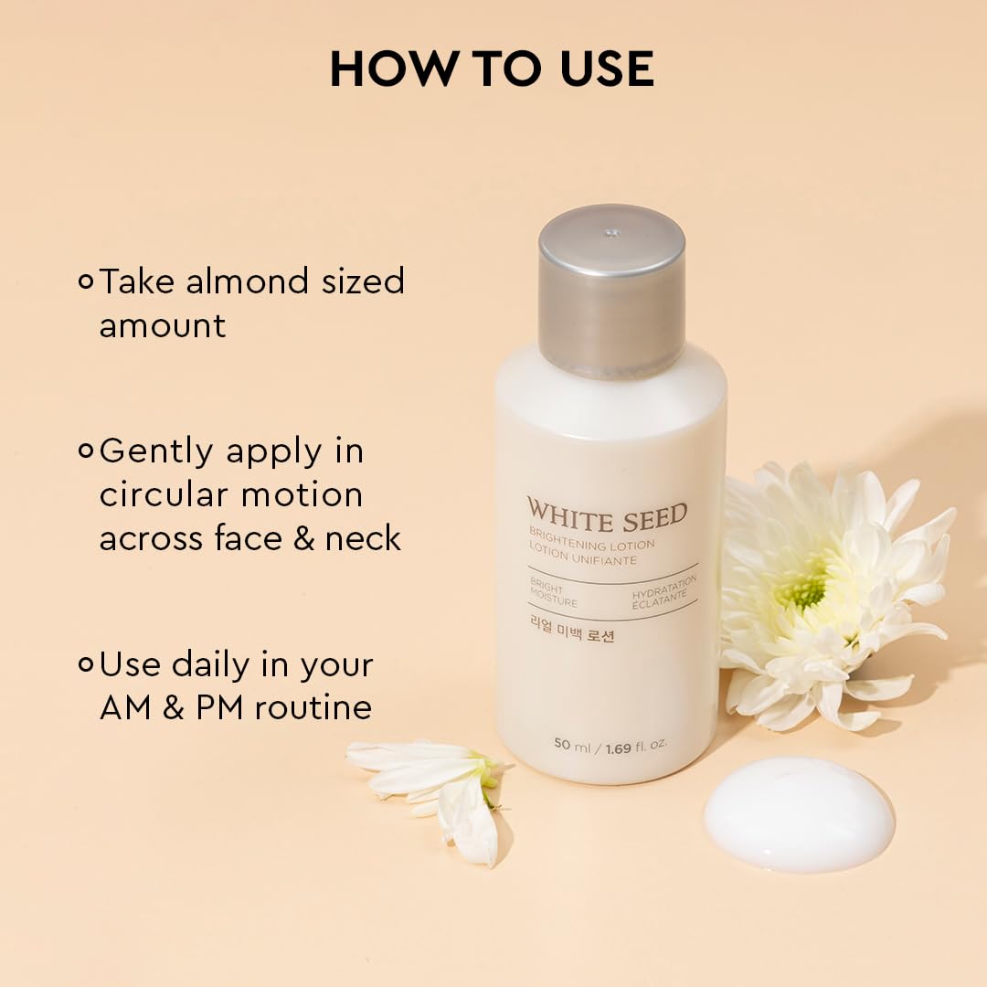 White seed skincare bottle with usage instructions on a beige background