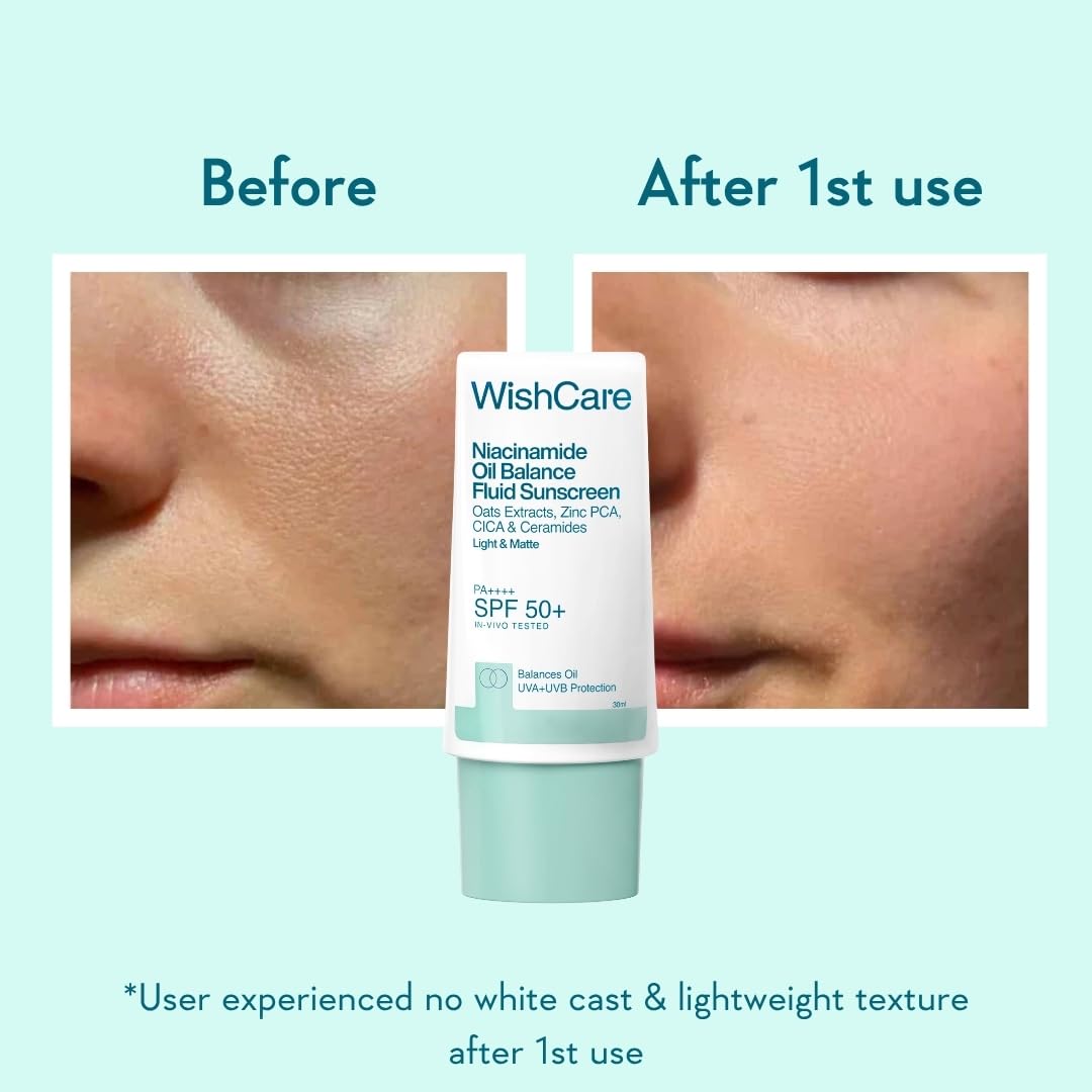 WishCare Niacinamide Oil Balance Fluid Sunscreen SPF 50 PA++++ In-Vivo Tested | 8Hrs+ SPF Protection | Lightweight, Matte & No White Cast | Sunscreen SPF 50 For Oily Skin, Sensitive, Dry & Combination Skin | For Women & Men | 30ml