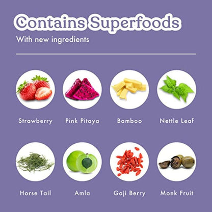 List of superfoods with images and names on a purple background
