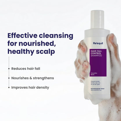 Re'equil hair fall control shampoo bottle with text on a white background