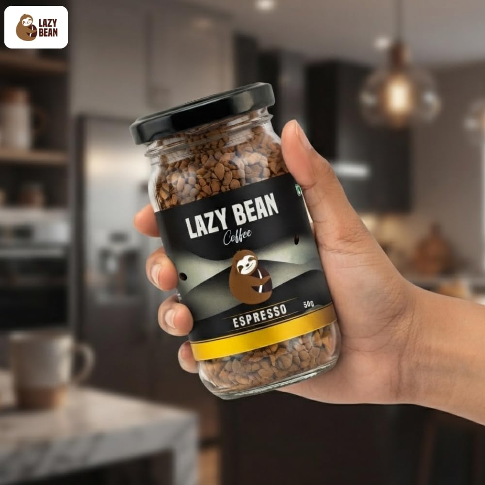Lazy Bean Espresso Instant Coffee | 100% Arabica Coffee | Medium Roast | Rich & Bold Espresso Style Flavour | Premium Instant Coffee Powder | Strong Aroma | Smooth Full-Bodied Café Style Coffee | 50g