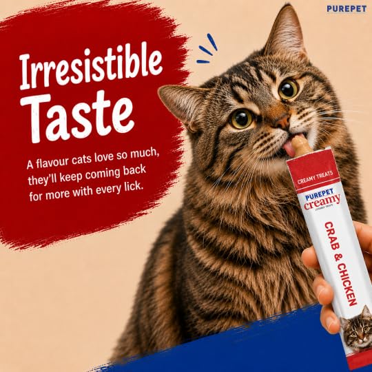 Purepet Creamy Lickable Cat Treats(15g x 24 Pieces) 360g | Crab & Chicken Flavour | Rich in Protein | Taurine for Heart & Vision | Ideal for Training | Promotes Hydration| for Kitten & Adult Cats