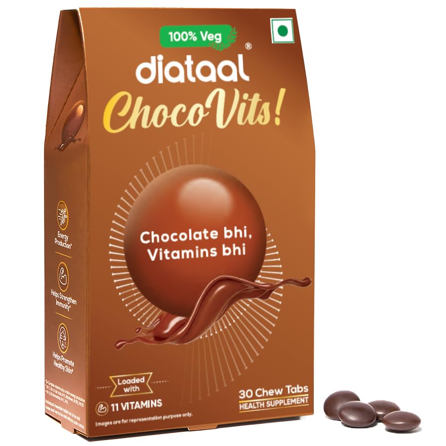 Diataal ChocoVits Veg, Chewable Multivitamin | 30 Chocolaty Tabs with 11 Essential Vitamins | Power of B-complex vitamins, B12, D3, Nicotinamide, Vitamin A, C & E for Energy | Immunity | Healthy Skin.