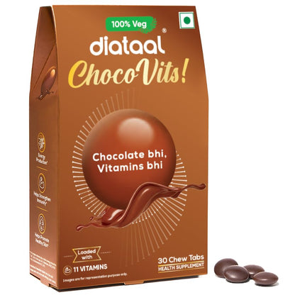 Diataal ChocoVits Veg, Chewable Multivitamin | 30 Chocolaty Tabs with 11 Essential Vitamins | Power of B-complex vitamins, B12, D3, Nicotinamide, Vitamin A, C & E for Energy | Immunity | Healthy Skin.