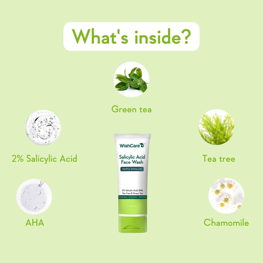 WishCare Salicylic Acid Face Wash with ingredients listed on a green background