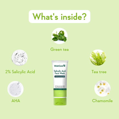 WishCare Salicylic Acid Face Wash with ingredients listed on a green background
