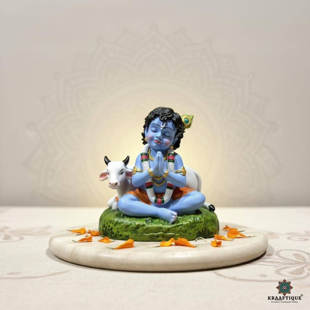 Handcrafted Laddu Gopal Krishna Idol with Cow – Polyresin Bal Krishna Murti for Home Temple, Pooja Room, Car Dashboard, Office Desk, Janmashtami, Housewarming & Spiritual Gift, 8 cm